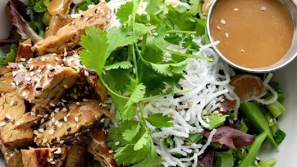 Asian Tempeh Salad · Grilled Tempeh on a bed of Organic Field Greens tossed in Ginger Miso Dressing with Toasted Sesame Seeds, Snap Peas, Cilantro, Green Onions, Mandarin Orange Slices, and topped with Glass Noodles