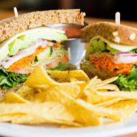 Super Veggie Sandwich · Avocado, Lettuce, Tomatoes, Carrots, Onion, Sprouts, Cucumber and Cheese. Comes with your ch...