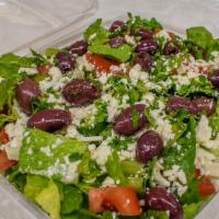 Greek Salad · Greens, cucumber, tomato, feta cheese, kalamata olives, house dressing.