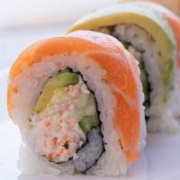 Rainbow Roll (8Pc) · California roll topped with tuna, salmon, yellowtail, albacore and avocado.