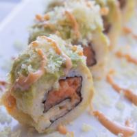 Guacamole Crunch Roll (8Pc) · Spicy salmon, and jalapeno (optional) roll in tempura, topped with guacamole, crunch and spi...