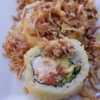 Onion Funion Roll (6Pc) · Spicy tuna, kani, avocado, fresh jalapeno and non dairy cream cheese in tempura, topped with...