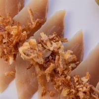 Seared Albacore Sashimi · Six pc topped with crispy onions and ponzu.