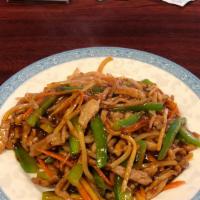 Szechuan Pork · Hot and spicy. Lean shredded pork, carrots, bamboo shoots, in spicy szechuan sauce.