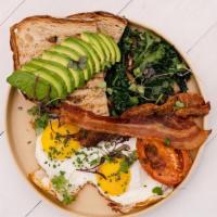Blueys Breakfast · Two eggs, any way, bacon, roast tomato, Tabasco kale and mushrooms and avocado served with s...