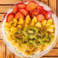 Panna Exotica (Ashta Plate) · Ashta, kiwi, pineapple, banana, strawberries, pistachio, almonds and raw honey.