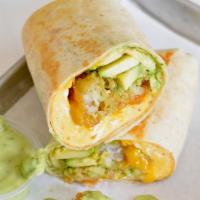 Baja Breakfast Burrito  · 3 fresh cracked cage-free scrambled eggs, melted Cheddar cheese, fresh avocado, avocado sals...
