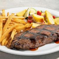 Kentucky Bourbon Steak · 1/2 LB. NY strip steak grilled and glazed with zesty bourbon. sauce. Served with daily veget...