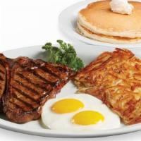 1 Lb. Porterhouse Steak & Eggs · Served with 2 Farm-Fresh Eggs, Golden Hash Browns or Fresh Fruit, and your choice of Toast, ...