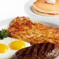 6 Oz. Sirloin Steak & Eggs · Served with 2 Farm-Fresh Eggs, Golden Hash Browns or Fresh Fruit, and your choice of Toast, ...
