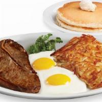3/4 Lb. T-Bone Steak & Eggs · Served with 2 Farm-Fresh Eggs, Golden Hash Browns or Fresh Fruit, and your choice of Toast, ...