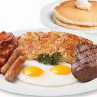 Sirloin Steak Bigger Better Breakfast · Sirloin Steak, 2 Bacon Strips, 2 Link Sausages, 2. Eggs, Hash Browns or Fruit. Choice of Toa...
