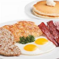 Gobble Gobble Bigger Better Breakfast · 3 Turkey Sausage Patties, 3 Turkey Bacon Strips,. 2 Eggs, Hash Browns or Fruit. Choice of To...