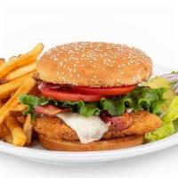 Crispy Chicken Cheese & Bacon · Breaded Chicken Breast, Bacon, Jack Cheese, . Lettuce, Tomato, Pickle Chips & Mayonnaise on ...