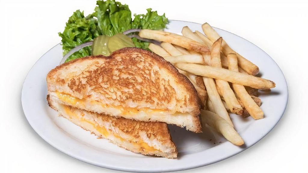 Three Cheese Melt  · Melted Jack, American & Cheddar. Cheese on grilled White Bread.  Includes your choice of French Fries, Tater Tots, Onion Rings or Fresh Fruit..