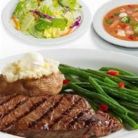 1/2 Lb. New York Steak · Includes Soup, Salad, choice of Potato & Daily Vegetable.