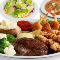 Classic Sirloin Steak Trio · 6 oz. Sirloin Steak served with 4 Fried Shrimp, 3 Chicken Tenders.  Honey Mustard Sauce, NOR...