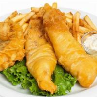 Fish And Chips · Fresh Whitefish Strips,  French Fries, Tartar Sauce & fresh Lemon.  Includes Soup and Salad,