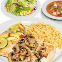 Garlic Mushroom Chicken · Chicken Breast topped with Mushrooms Garlic Sauce. Includes Soup, Salad, choice of Potato & ...