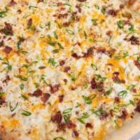 Mac & Cheese Pie (Large) · Creamy blend of cheddar, mozzarella and Asiago cheese with macaroni, bacon, scallion and bre...