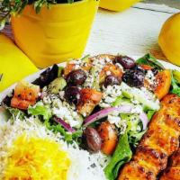 Chicken Lule Kabob · Served with rice or salad and two 6 oz side of mezze. Served Monday to Friday 11 am to 3 pm.