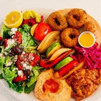 Veggie Plate · Served with rice or any salad, and 2 sides of mezze. Vegan.