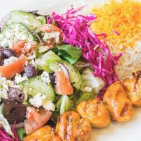 Salmon Kabob · Served with rice or salad and two 6 oz side of mezze. Served Monday to Friday 11 am to 3 pm.