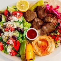 Sour Beef Kabob · Served with rice or salad and two 6 oz side of mezze. Served Monday to Friday 11 am to 3 pm.