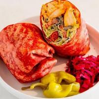 Sriracha Chicken Wrap · Lettuce, tomato, Cheddar cheese, sriracha and Parmesan sauce. Served with pepperoncini, pick...