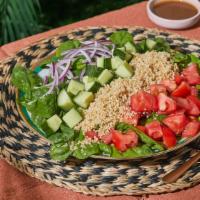 Quinoa Salad · Quinoa, Cucumber, Red Onion, Tomato, Spinach, Balsamic Vinaigrette.