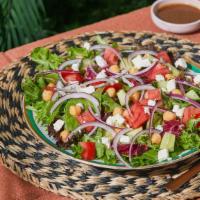 Mediterranean Salad · Mixed Greens, Chickpeas, Cucumber, Tomatoes, Onions, Feta Cheese.