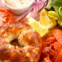 Smoked Salmon Lox & Bagel Plate · A 1/4 lb. of premium oak-smoked salmon lox from Santa Barbara Smokehouse paired with an auth...