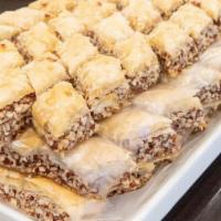 Baklava · A rich sweet dessert pastry made of layers of filo filled with chopped nuts and sweetened an...