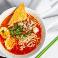 Tom Yum Noodles Soup · Spicy. Thai spicy and sour soup with fish ball, minced pork, pork slices, soft boiled egg, f...