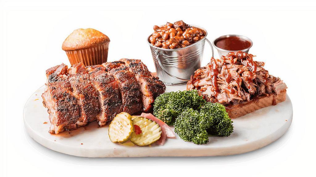 2 Meat Combo · Double your pleasure with any two different meat selections. . Includes choice of two sides, and served with a Corn Bread Muffin.