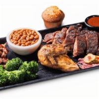 Pick 3 Combo · Choose 3 meats. Includes 2 sides and a Corn Bread Muffin.