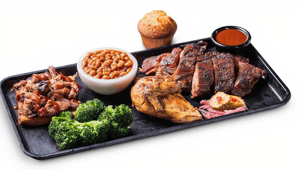 3 Meat Combo (Dinner) · Treat yourself to a tour of meat with any three different meat selections. Served with choice of two sides and a Corn Bread Muffin.