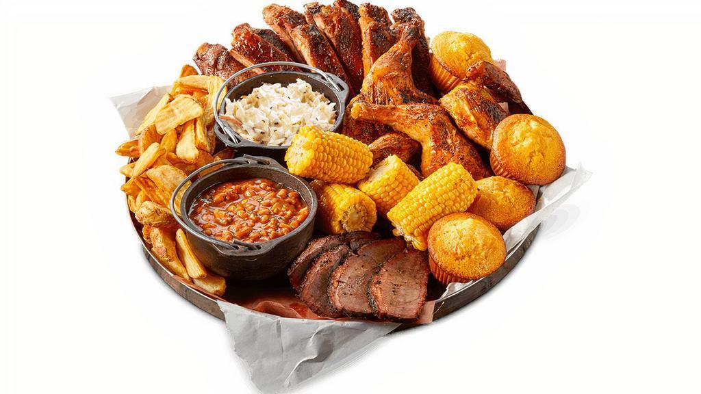 All-American Bbq Feast® · A full slab of St. Louis-Style Spareribs, a whole Country-Roasted Chicken, choice of Texas Beef Brisket or Georgia Chopped Pork, Creamy Coleslaw, Famous Fries, Wilbur Beans, Sweet Corn and Corn Bread Muffins. Served family-style for 4-6 people.