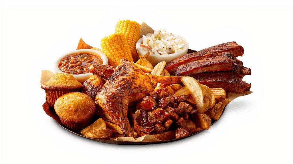 Feast For 2 · Generous helpings of St. Louis-Style Spareribs, Country-Roasted Chicken, choice of Texas Beef Brisket or Georgia Chopped Pork, Creamy Coleslaw, Famous Fries, Wilbur Beans, Sweet Corn and Corn Bread Muffins. Served family-style for 2-3 people.