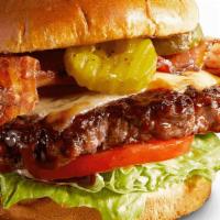 Dave'S Favorite Burger* · Slathered with Rich & Sassy® then topped with melted Monterey Jack cheese, two strips of bac...
