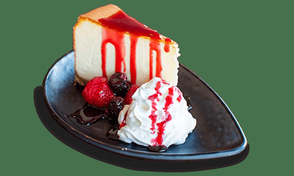 Strawberry Cheesecake · Creamy, smooth vanilla New York cheesecake served with strawberry sauce and topped with whipped cream.
