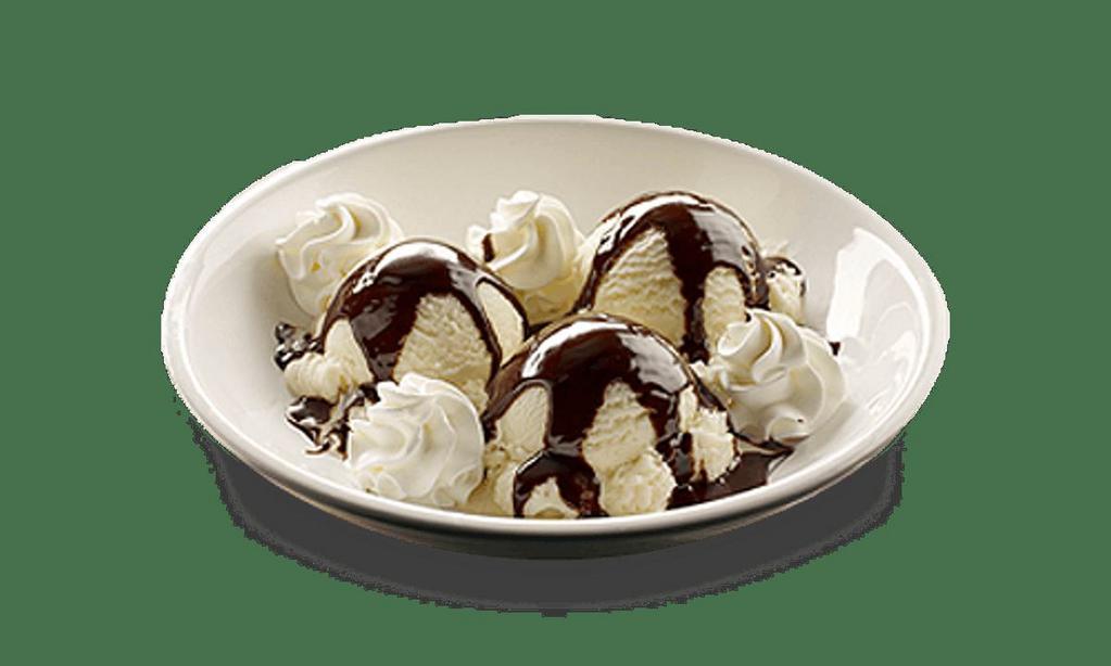 Kids' Ice Cream Sundae · Vanilla ice cream with hot fudge and whipped cream on the side.