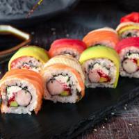 Rainbow Special Roll · Freshly prepared with Avocado, cucumber, and crab. Topped with tuna, salmon, Red Snapper, an...