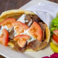 Gyro Meat Plate · Gyro meat , salad, hummus, rice, green sauce and pita bread.