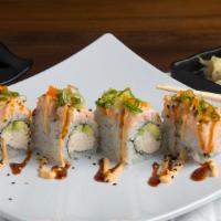 Baked Salmon Roll · Baked CA roll with salmon, dynamite sauce, eel sauce, spicy mayo, green onion and masago