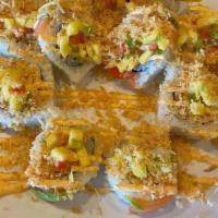 Yum Yum Roll · In: shrimp tempura and spicy imitation crab. 
Top: salmon, avocado, mango salsa. spicy mayo ...