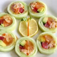 Hercules · Hamachi, tuna, salmon, shrimp, imitation crab, and avocado wrapped with cucumber top with Ai...