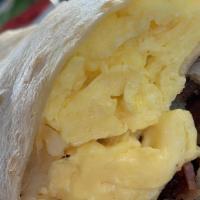Breakfast Burrito · bacon, egg, home fries, jack & cheddar w/ pico de gallo