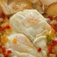 Chino Country Bowl · stacked home fries topped with gravy, sautéed bell pepper & onion, eggs any style, choice of...