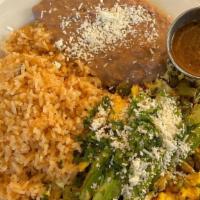 Nopal Pacifico · cactus salad scrambled with eggs, with rice, beans, cotija cheese, avocado, cilantro, tortil...